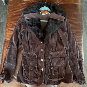Brown corduroy jacket with faux fur neck